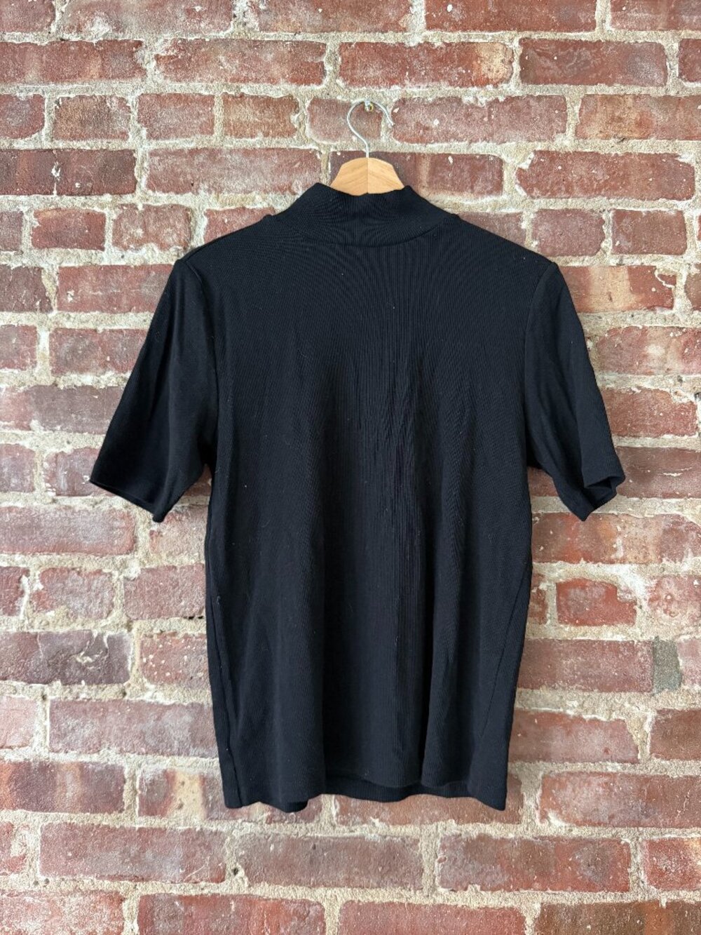 LOFT Black Ribbed Mock Neck Short Sleeve Top Fitted Stretch Minimalist